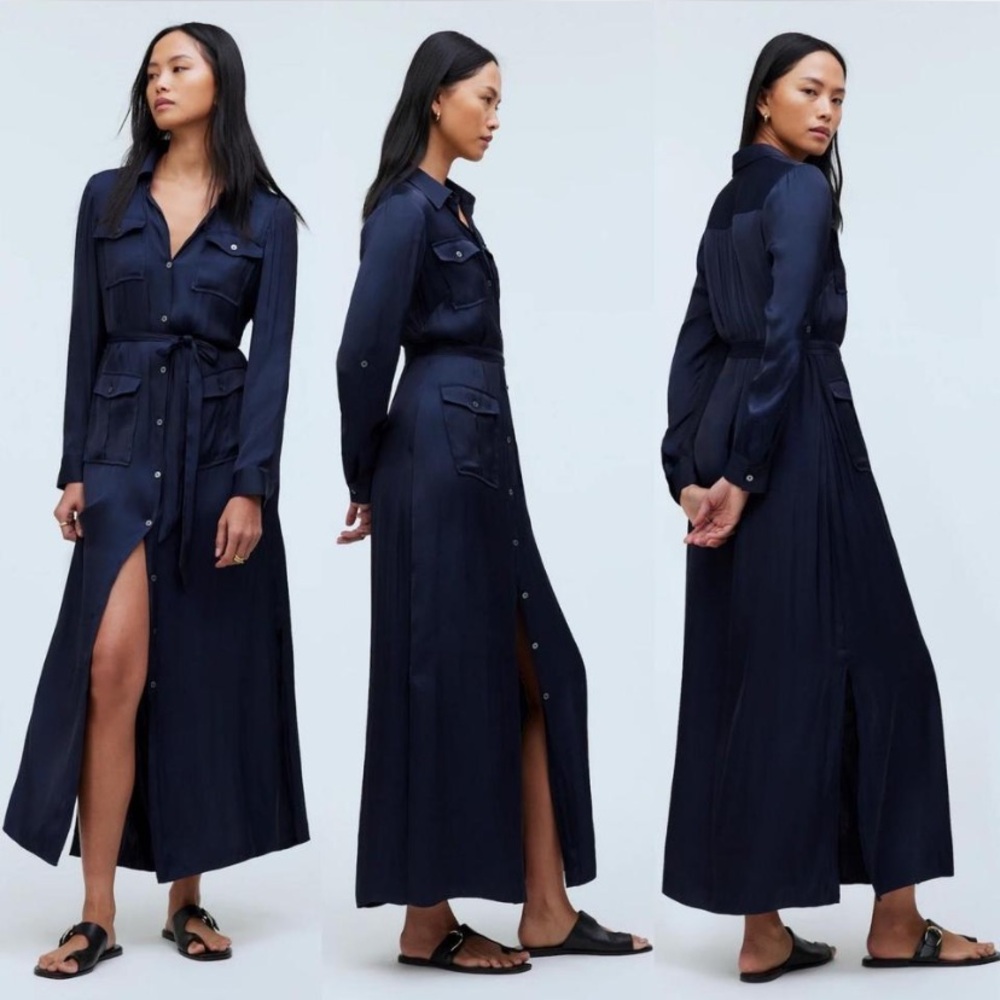 Madewell Blue Button-Front Utility Shirtdress in Satin Deep Indigo XXS
